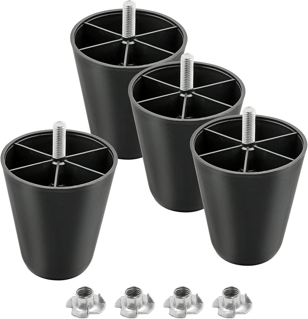 M10-1.5 Metric Thread Bolts Plastic Furniture Legs 4 Inch Black Round Tapered Sofa Feet with T-Nuts - Couch Feet Replacement - Couch Legs Set of 4