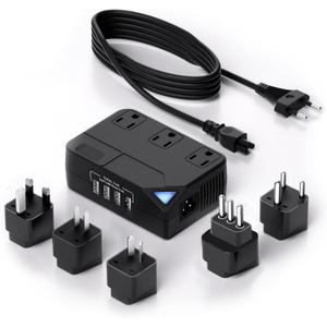 Universal 100V-220V Travel Converter, 250W Travel Voltage Converter for curlers straighteners Chargers, Power Plugs with 4 USB Charging Ports and 3 AC Plugs Including A, C, D, G, I, L Type