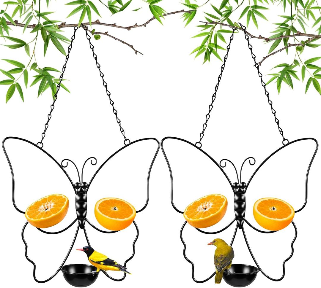 Hushee 2 Pack Oriole Feeder for Outdoors Jelly and Oranges Fruit Metal Bird Feeder Outdoor Garden Metal Hanging Drinking Container Hummingbird Jelly for Outdoor Hanging Garden Patio(Butterfly Shaped)