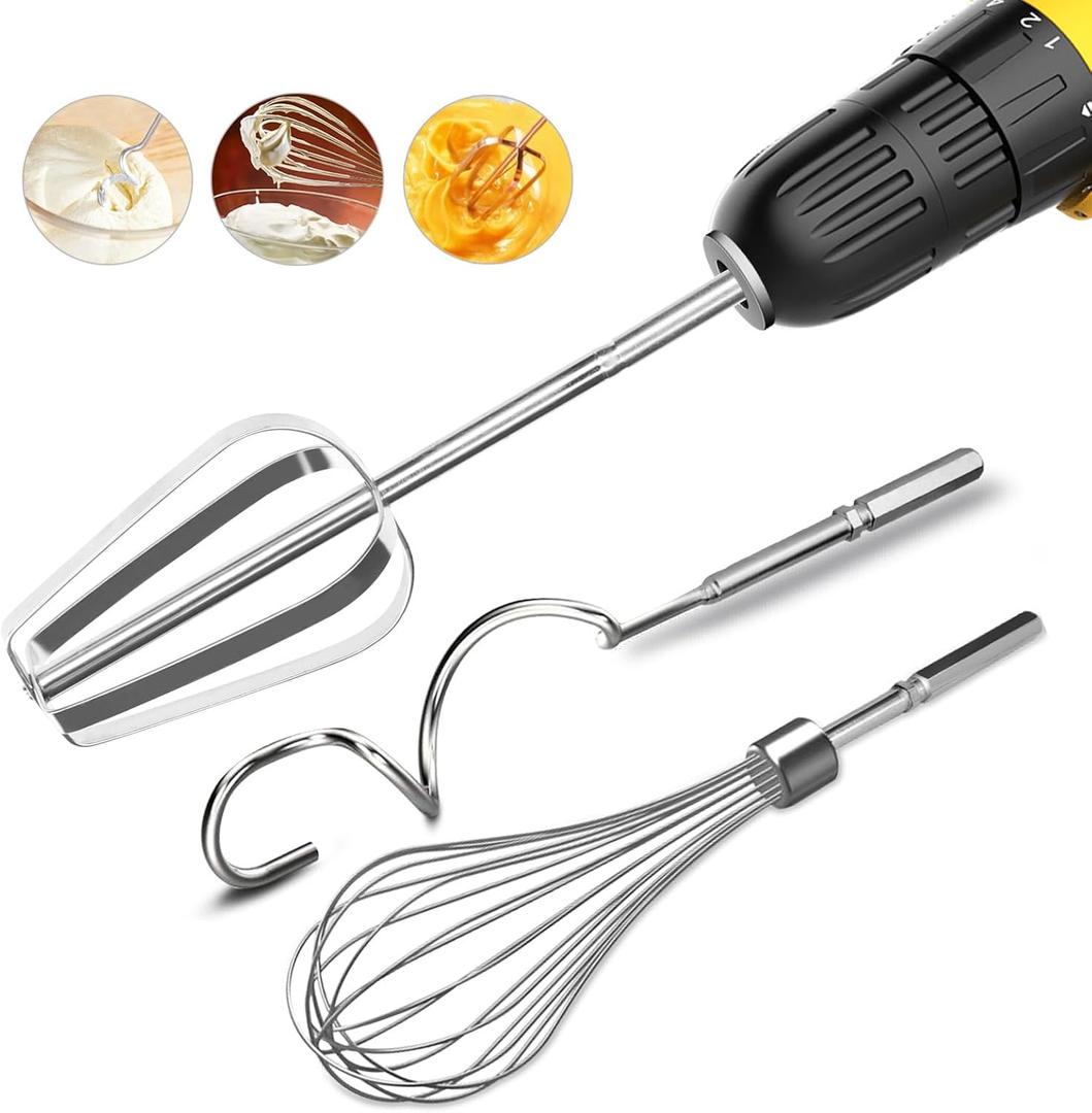 homicozy 3-Piece Stainless Steel Hand Mixer Attachment Set - Whisk, Dough Hook, Egg Beater for Drills - Dishwasher Safe, 7.5 Inch (Drill Not Included)