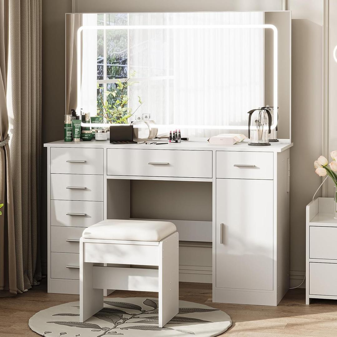 IDEALHOUSE Vanity Desk with Mirror and Lights, White Makeup Vanity with 7 Drawers, 3 Light Mode and Brightness Adjusted, Dressing Table with Hairdryer Holder for Bedroom, 56.3 x 15.75 x 47.23 inches