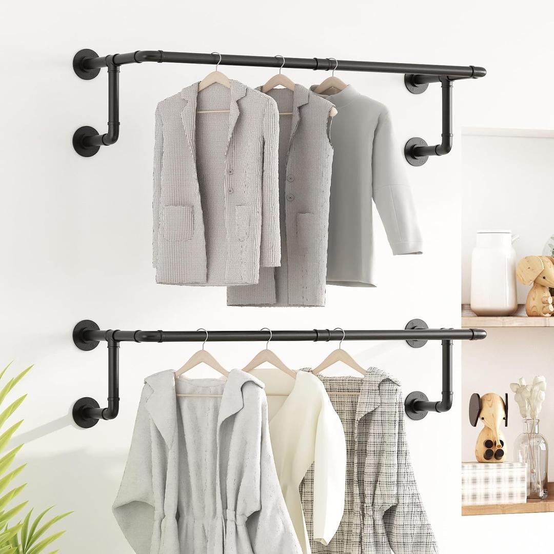 Industrial Pipe Clothes Racks 2 Pack, Black Pipe Wall Mounted Clothing Racks for Hanging Clothes, Space Saving Closet Hanging Rod for Laundry Room, Bedroom