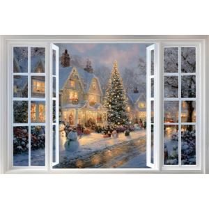 WOOHOOROO Peel and Stick Christmas Tree and Village Fake Window Sticker, Removable Snowman Festive Scene Decal,3D Self-Adhesive Holiday Wall Decor,32" x 48"
