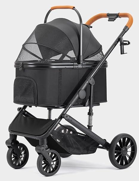 Dog Stroller for Small Medium Dogs Up to 60lbs, 4 Wheels Folding Pet Stroller with Detachable Carrier, Pet Travel Carrier for 2 Dogs & Cats, Storage Basket, Breathable Mesh, Cup Holder, Black