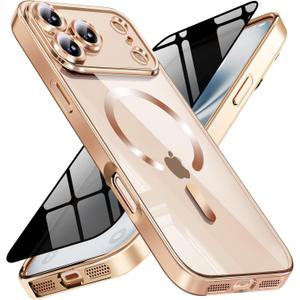 WEYNRBOX Magnetic for iPhone 17 Pro Case with Privacy Screen Protector & Full Camera Cover,[Non-Yellowing] Shockproof Clear Phone Case Compatible with MagSafe Women Girls for iPhone 17 Pro,Gold