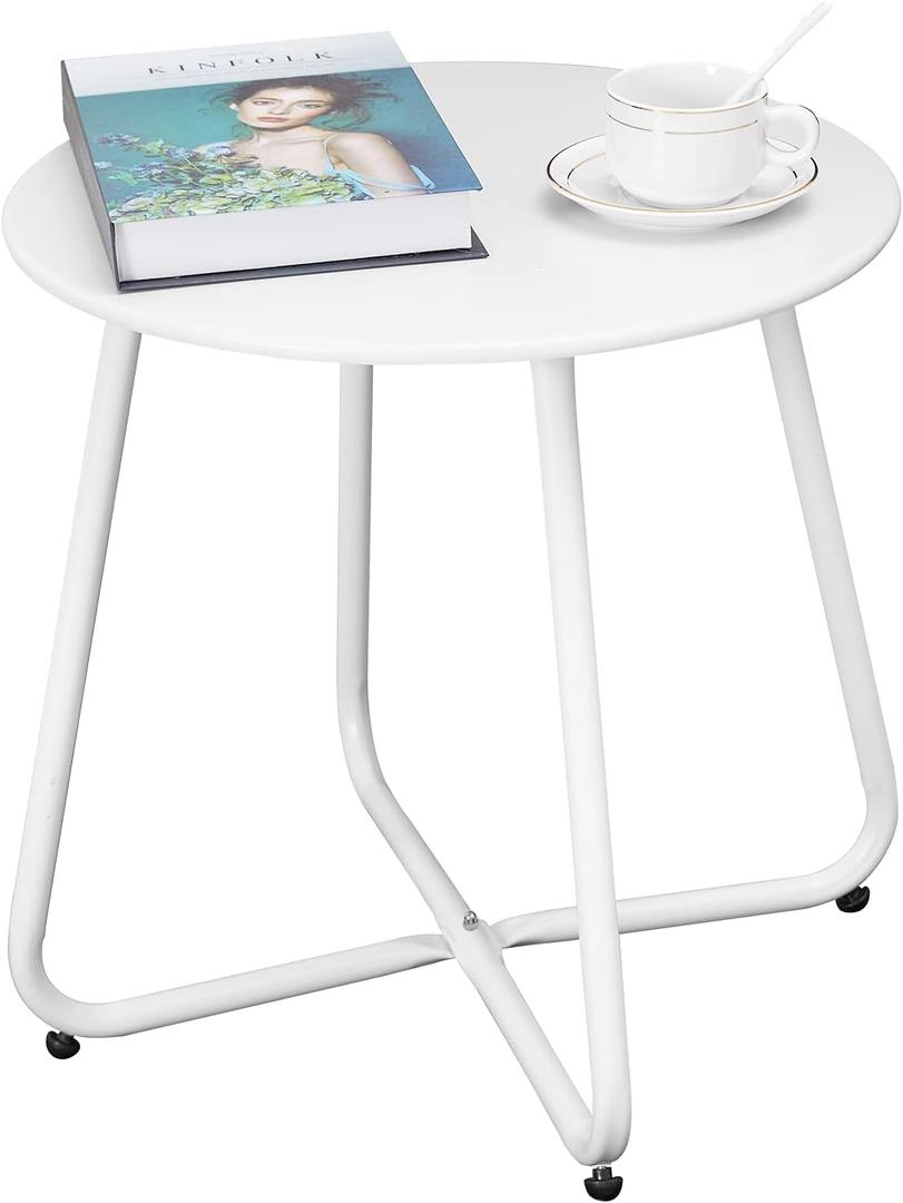 Outdoor Table Small Patio Side Table Waterproof Round Metal Side Table Weather Resistant Portable Outdoor and Indoor End Table for Garden, Balcony, Yard (White), 17.7D x 17.7W x 17.9H in