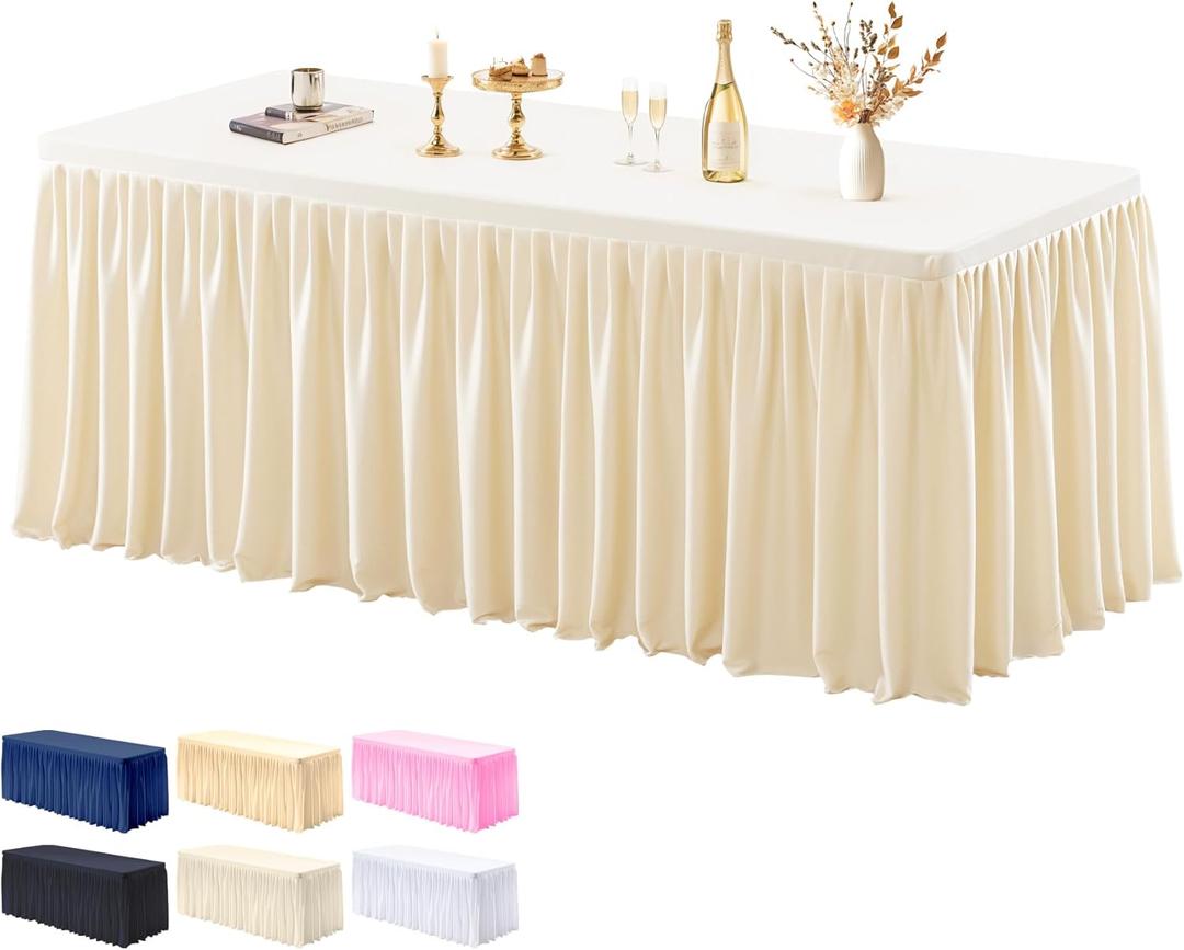 1 Pack Champagne Tablecloths for Rectangle Tables 4ft, Wrinkle Resistant Spandex Tablecover Fitted Stretch Table Cloth with Pleated Ruffle Table Skirts for Party Banquet Dining Birthday Wedding
