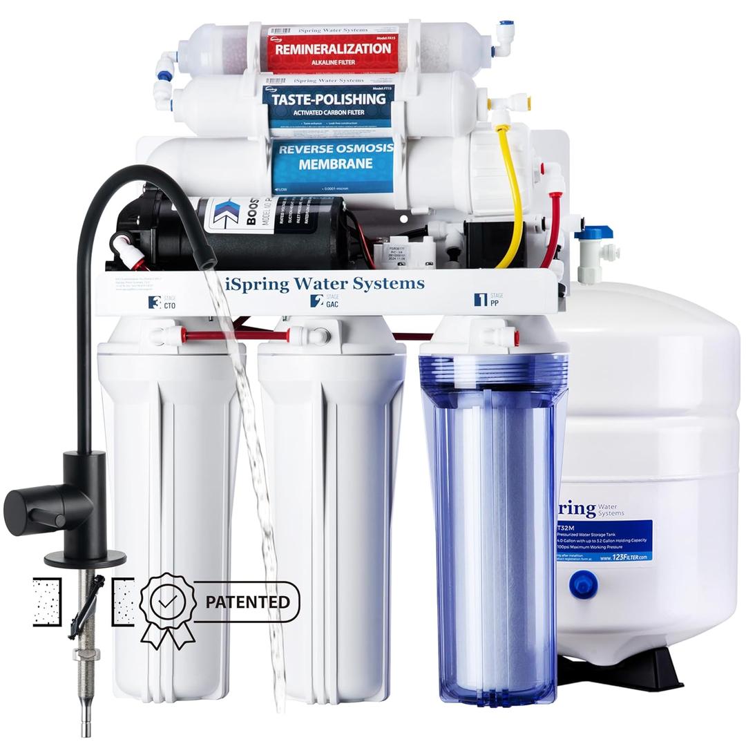 iSpring RCC7P-AK-BLK, 6-Stage Alkaline Reverse Osmosis System with Booster Pump, RO Water Filtration System, Sleek Black RO Faucet, TDS PFAS Removal, Patented Top-Mounted Faucet for Easy Installation
