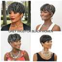 MOONSHOW Short Grey Wigs for Black Women Grey Pixie Cut Wig Synthetic Short Side Part Pixie HairCut Wigs with Bangs for Old Women Gray Straight Pixie Wig