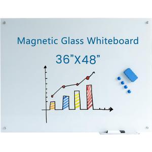 Glass Whiteboard 48"X36" Magnetic Glass White Board Frameless Wall Mounted Dry Erase GlassBoard for Office School Home