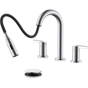 KENES Chrome Pull Down Bathroom Faucet, 8 Inch 2 Handle Widespread Bathroom Faucet 3 Hole with Pull Out Sprayer, Bathroom Sink Faucet with Pop Up Drain & Supply Lines LJ-9068-5
