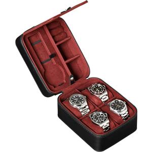 ROTHWELL 5 Watch Travel Case Storage Organizer for 5 Watches | Tough Portable Protection w/Zipper Fits All Wristwatches & Smart Watches Up to 50mm (Black/Red)