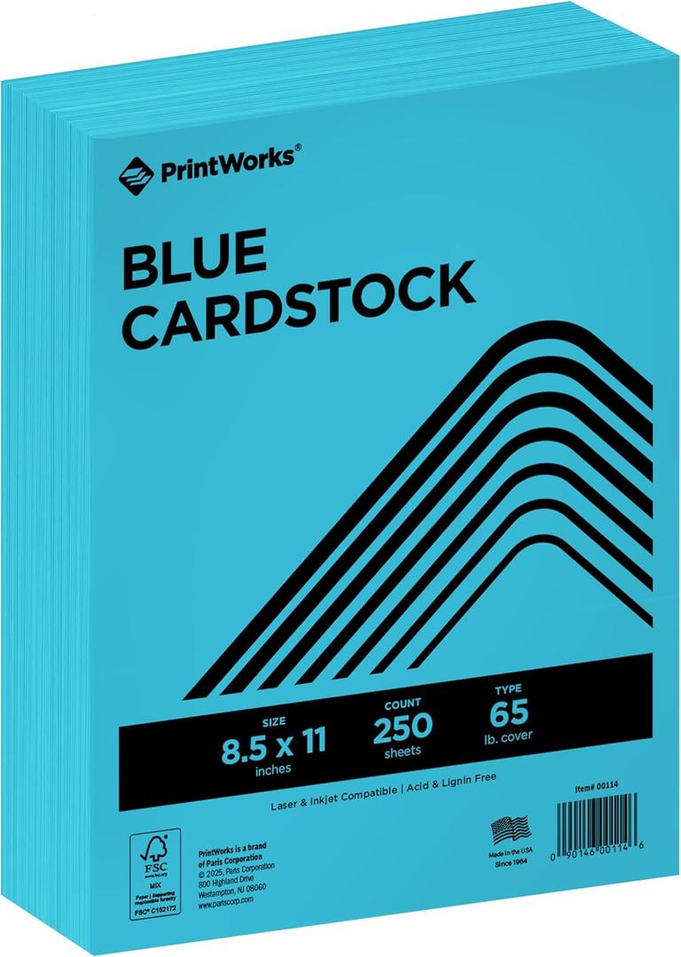 PrintWorks Bright Blue Colored Cardstock 8.5 x 11 - 65 lb/176 gsm - 250 Sheets - Made in the USA - FSC Certified - Acid-Free & Fade-Resistant - Printer & Cut Machine Compatible (00114)