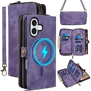 Rssviss Wallet Case for iPhone 16 Crossbody with Card Holder Wrist Strap, Flip Zipper Case Compatible with Magsafe, RFID Blocking Purse Cover for iPhone 16 Women Men 6.1 inch Purple