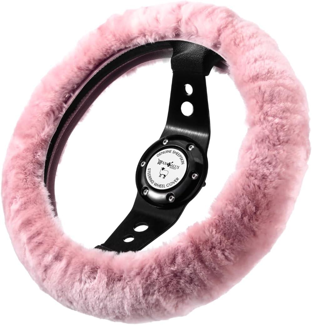 Andalus Brands Luxury Fluffy Car Steering Wheel Covers  Genuine Merino Sheepskin, Soft Fuzzy Car Steering Wheel Cover for Women, Universal 14.5-15" Size, Plush Fur Cute Auto Accessories, Pink