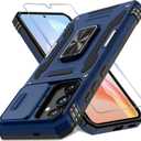 2 x DEERLAMN Case for Samsung Galaxy S25 FE 6.7-Inch with Slide Camera Cover+Screen Protector(1 Pack), Rotated Ring Kickstand Military Grade Shockproof Protective Cover-Navy Blue