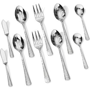 KINGSTONE Hammered 10-Piece Serving Utensil Set, 18/10 Stainless Steel Flatware for Catering, Party Include Spoons, Slotted Spoon, Fork, Butter Knife - Mirror Finish & Dishwasher Safe