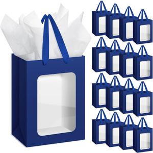 Zhanmai 36 Pcs Kraft Clear Gift Bags with Tissue Paper, 10 x 7 x 5 Inch Laege Paper Gift Bags with Window Handles for Bouquet Graduation Wedding Baby Shower Birthday Festivals Party Favors(Blue)