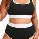 Tempt Me Women Plus Size High Waisted Bikini Set Two Piece Swimsuit Full Coverage Sporty 2 Piece Bathing Suits (Black White) 14W