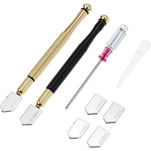 QWORK Glass Cutter Tool Set 2mm-20mm, 9 Pcs Mirror Cutting Tool, 6 Replaceable Glass Cutter Heads, Pencil Style Oil Feed Carbide Tip