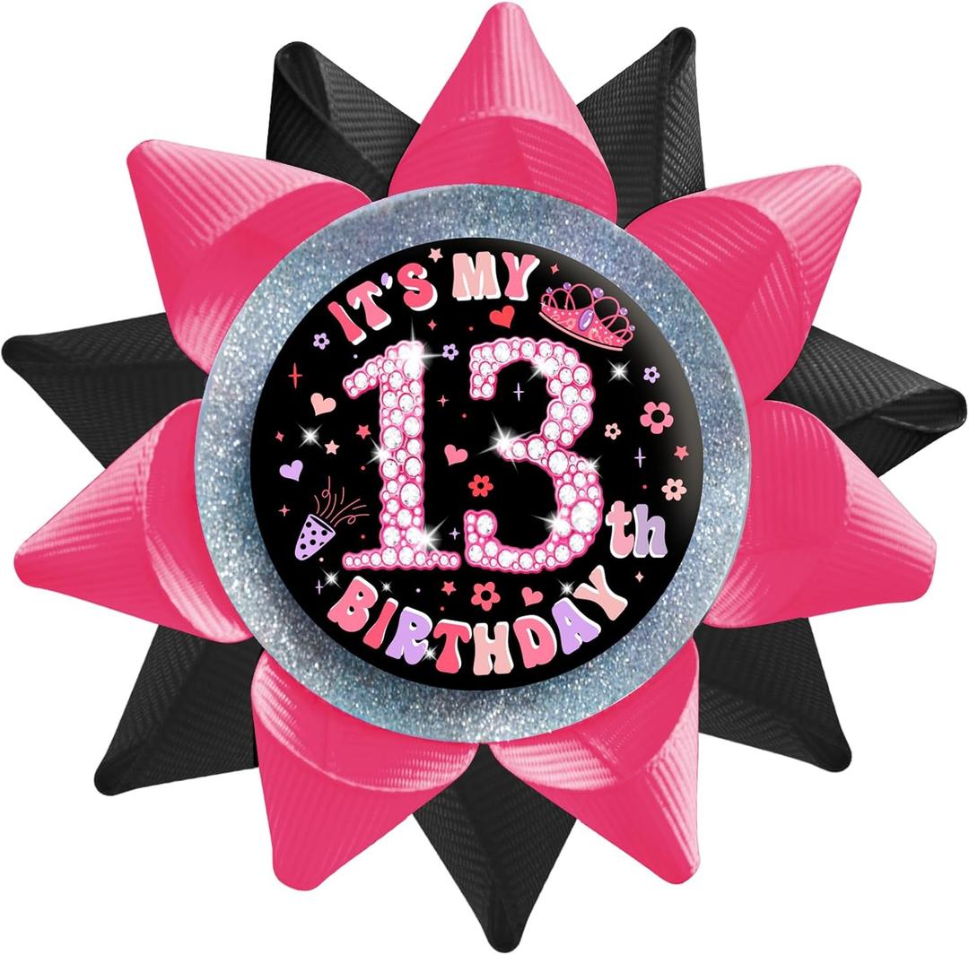 It's My 13th Birthday Buttons Pins for Girls Handmade(3.8 * 3.8inch), Black Pink Grosgrain Ribbon Tinplate Badge for Women 13th Birthday Party Decorations Supplies Ideas Gifts Jokes Favors