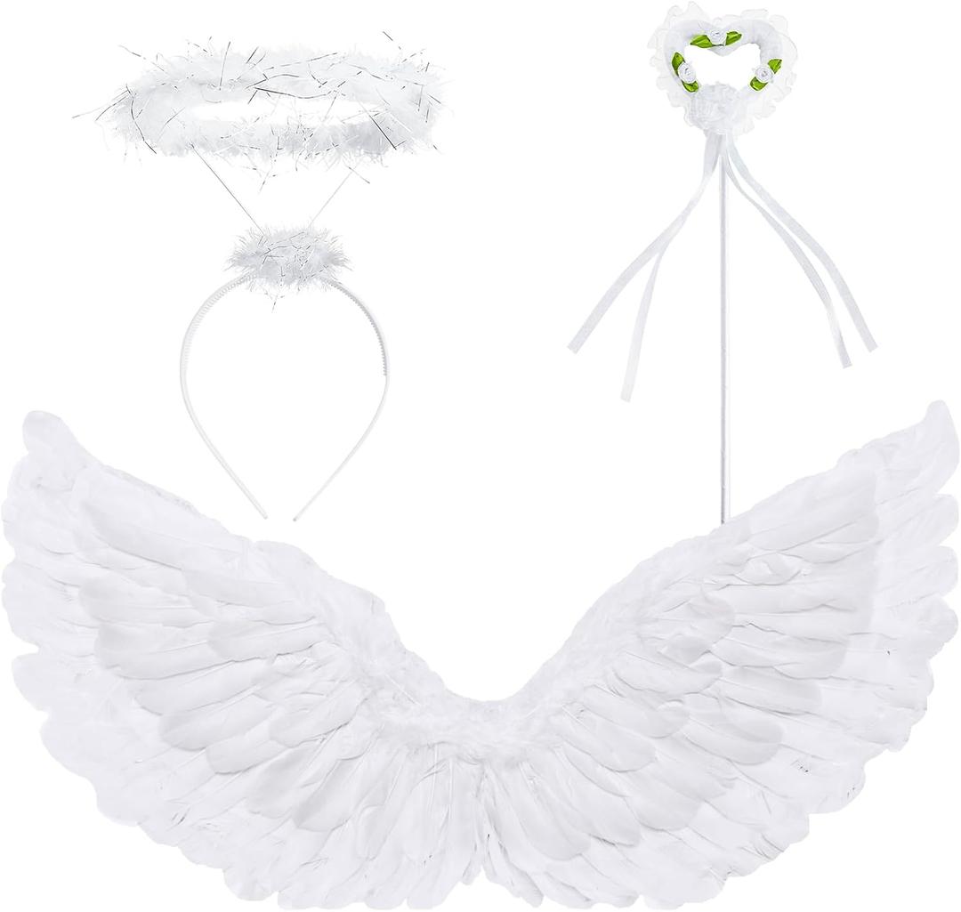 Zezzxu Angel Wings and Halo Magic Wand Set, Large White Feather Wing Halloween Angel Costume Set for Adults Girls Women (35.4 × 15.7 Inches)
