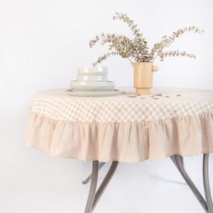 MONDAY MOOSE Gingham Checkered Farmhouse Rustic Ruffle Style Decoration Round Natural Stonewashed Cotton Tablecloth for Kitchen, Dining Room, Restaurant (60" Round, Beige)