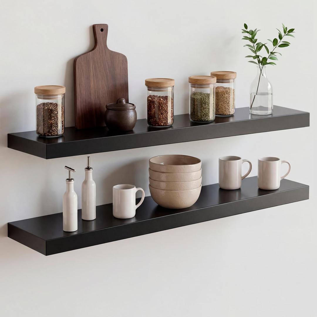 Homeforia Black Floating Shelves 30 inches Long, High End Solid Real Wood 30 inch Floating Shelf for Wall Mounted, Black Wooden 30in Floating Shelves, Heavy Duty Bracket, 30 X 6.5 X 1.75 in, Set of 2 (Modern Black - Rich Neutral Satin)