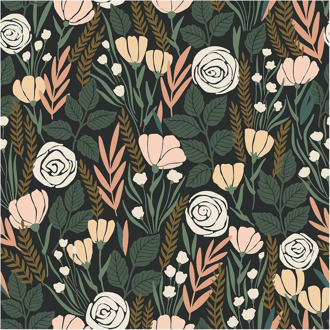 HAOKHOME Peel and Stick Wallpaper Floral Removable Stick on Contact Paper for Bathroom Green/Beige/Black 17.7in x 9.8ft