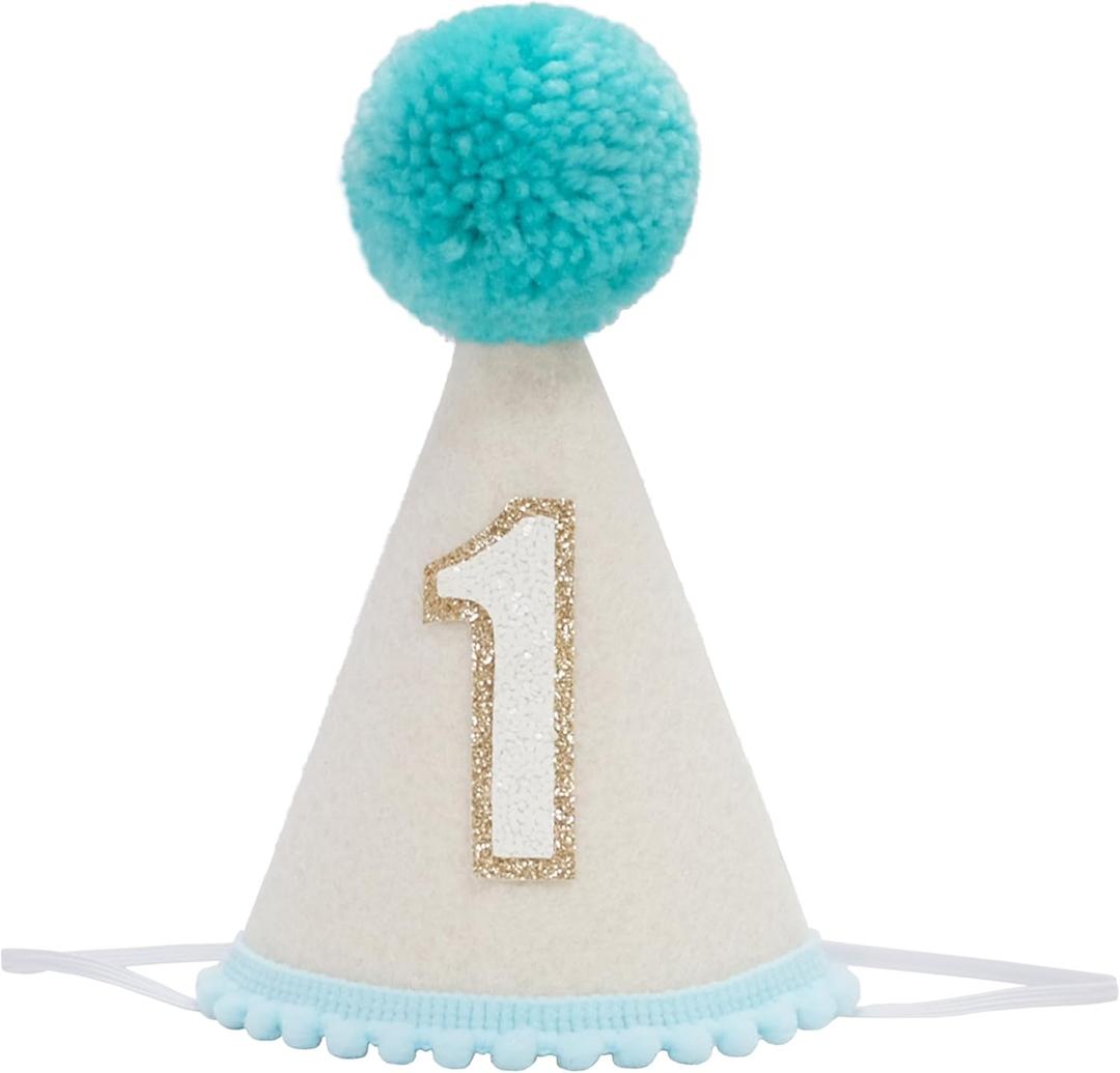 First Birthday Party Hat with lake blue Pom Pom, White and Gold Number 1, Decorative Party Accessory (1)