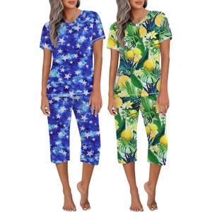 Ekouaer 2 Pack Women's Capri Pajama Sets Short Sleeve Two-Piece Pjs V Neck Tops & Pants Printed Lounge Sets (XX-Large, Gp6)