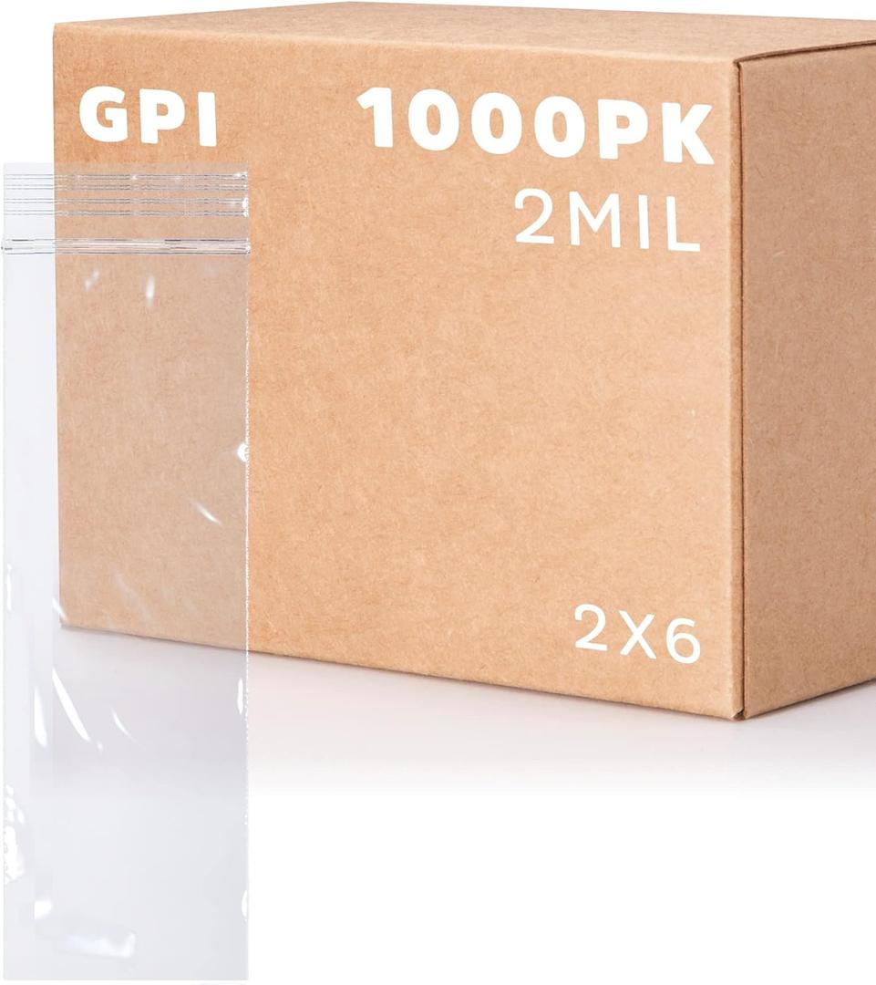 GPI - 2" x 6" Zip Bags, 1000 Count, 2 Mil, Clear Plastic Reclosable Zipper Poly Baggies, with Resealable Zip Top Lock Seal, for Jewelry, Coins, Pills, Candy, Beads, Seeds & More.