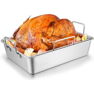 Roasting Pan with Rack for Turkey Chicken, Joyfair Stainless Steel Roaster Pan and V-rack for Toaster Oven, Rectangular Bakeware with Sturdy Handles, Heavy Duty & Dishwasher Safe (Large)