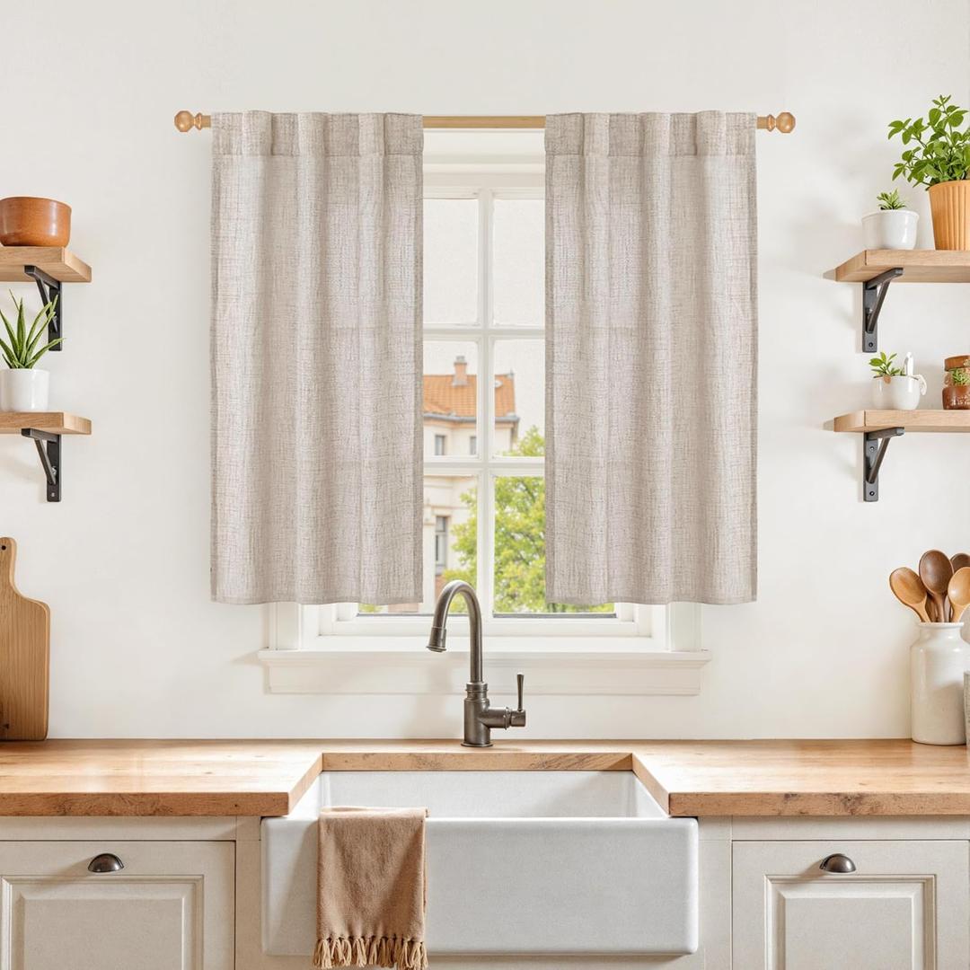YoungsTex Cafe Linen Curtains 40 Inches Long for Kitchen Window Over Sink - Short Semi Sheer Drapes with Rod Pocket Back Tab Rustic Light Filtering for Front Door Bathroom, 2 Panels, 30 X 40 Inch