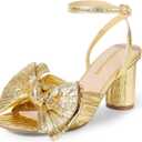 DREAM PAIRS Women's Bow Knot Heeled Sandals Low Chunky Heels Open Toe Ankle Strap Slingback Dress Shoes for Wedding Bridal Party (9, Gold)