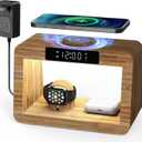 Bamboo Wireless Charging Station,Wireless Charger with Digital Alarm Clock and Night Light, Fast Charger Stand for iPhone 15/14/13/12/11 Pro Max/X/Xs, AirPods Pro, iWatch Series 8/7/6/5/SE (Wireless Charging Station With Light & Alarm Clock)