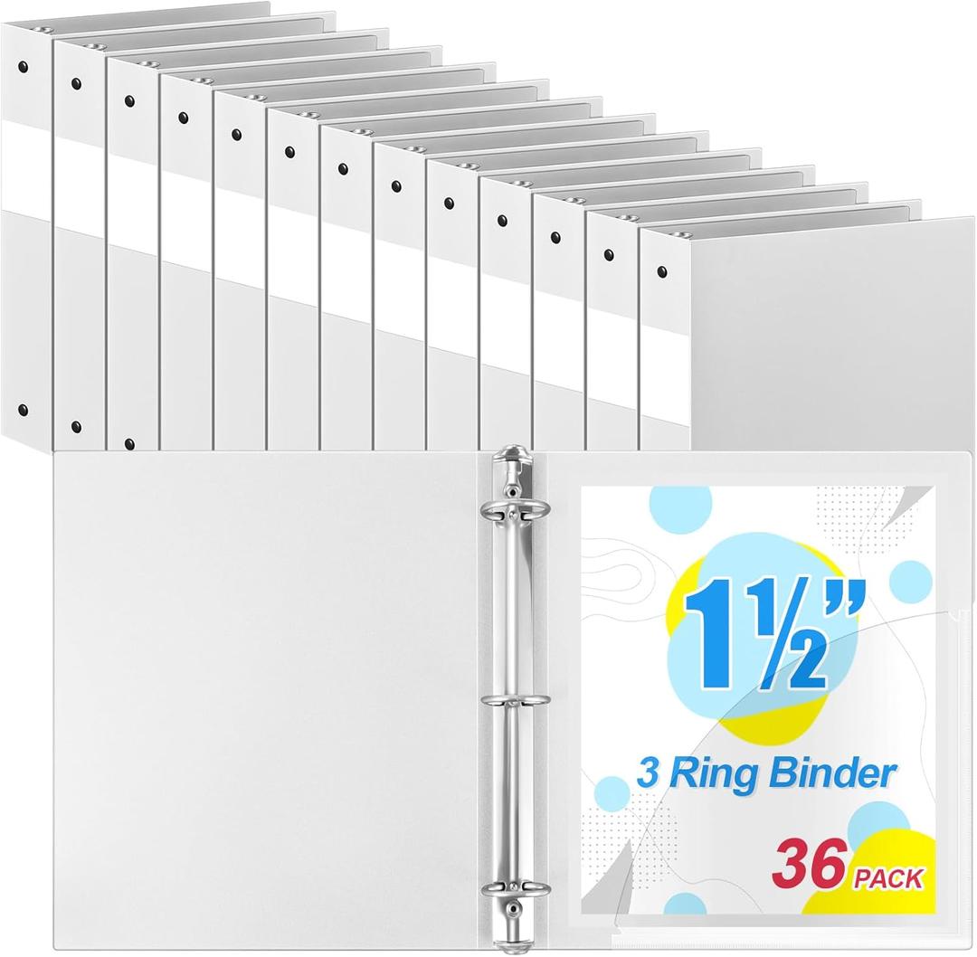 Henoyso 36 Pcs 3 Ring Binder 1.5 Inch Plastic Flexible Round Binder Fits Letter Size 8.5 x 11 Inch Paper Holds 300 Sheets with 1 Pockets for Office School (White)