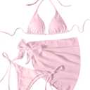 WDIRARA Women's 3 Piece Triangle Bikini Swimsuit Halter Bathing Suit with Cover Up (Large, Pink)