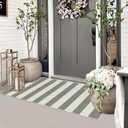 Boho Striped Front Door Mat Outside Entrance 2x4.3,Green and White Washable Porch Rug Runner,Cotton Hand Woven Indoor Outdoor Rugs,Foldable Farmhouse Layered Door Mats for Entryway