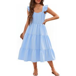RETSUGO Girls Dresses Summer Flutter Sleeve Swing Casual Solid Color Tiered Smocked Dress 6-14 Years Old (12-13 Years, Baby Blue)