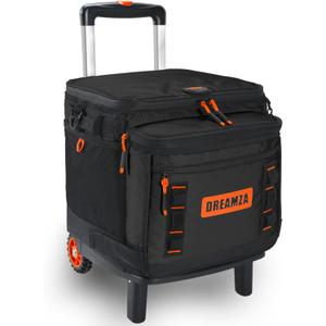 Soft Cooler with Wheels, 60-Can Wheeled Cooler with Handle, Leak Proof Rolling Cooler Insulated Bag with All-Terrain Cart, Collapsible Rolling Ice Chest for Beach Picnic Camping Grocery (Black/Orange)
