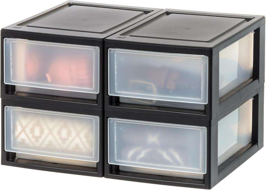 6 Qt. Plastic Drawer Storage Organizer Stacking Drawers, 4-Pack, Stackable Unit with Sliding Drawer for Clothes Bedroom Kitchen Under Sink Pantry Craft Room Bathroom Dorm Office, Black