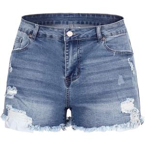 THUNDER STAR Women Mid Rise Ripped Stretchy Jeans Shorts Frayed Raw Hem Casual Denim Shorts (16, Light Blue)