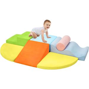 QUCHI Climbing Toys for Toddlers, Toddler Climbing Toys Indoor, 7-Piece Soft Foam Climbing Blocks Set, Toddler Playtime Corner Climber Indoor Foam Play Gym for Climbing Crawling and Sliding (Blue/Orange)