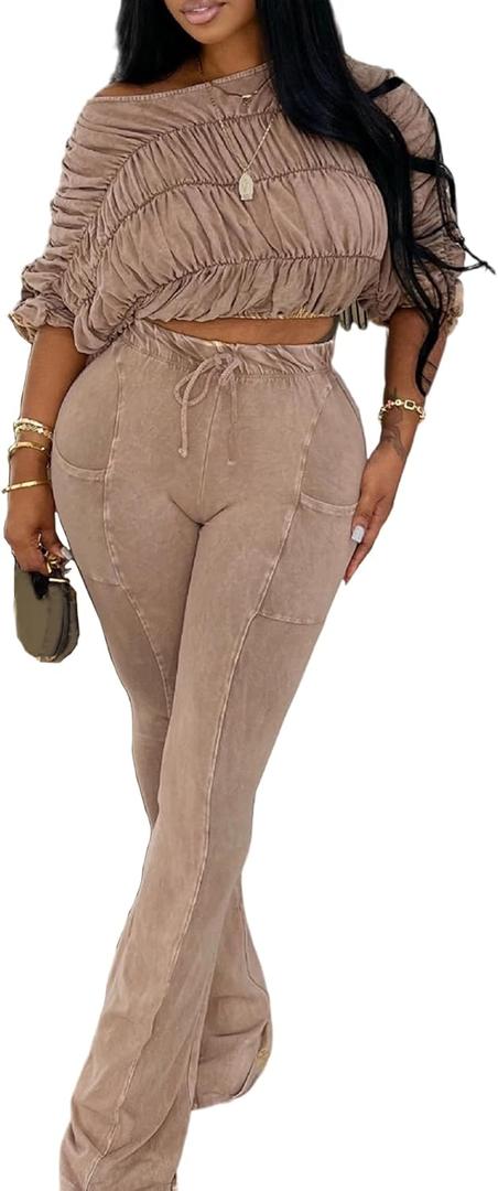 SHINFY Women's 2 Piece Outfits Sexy Off the Shoulder Ruched Crop Tops Bodycon Flared Pants Matching Sets, XXL (Beige)