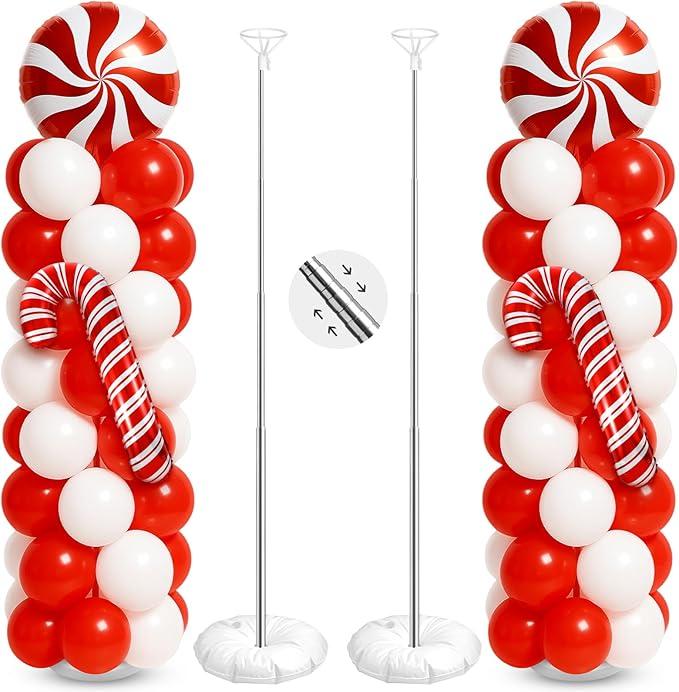 Kinlop 2 Sets Christmas Balloon Column Stand Kit with Candy and Candy Cane Foil Balloons, Latex Balloons, Adjustable Balloon Stands for Xmas Holiday Party Decor (Red)