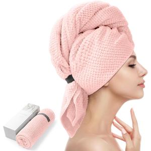 YFONG Large Hair Towel Wrap for Women, Super Absorbent Microfiber Hair Towel for Curly Hair, Fast Drying Hair Turbans with Elastic,Hair Drying Towel Wrap for Hair Care 26.3" X 40" (Pink)