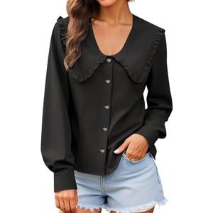 Cicy Bell Womens Peter Pan Collar Shirts Summer Button Down Long Sleeve Tops Dressy Casual Cute Blouses L