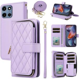 Argyle Wallet Case for Motorola Moto G 5G 2025 with Wrist/Shoulder Strap, 9+ Card Slots Zipper Purse Luxury PU Leather Stand Checkered Cell Phone Cover for G5G 5 G G5 Women Girls Purple