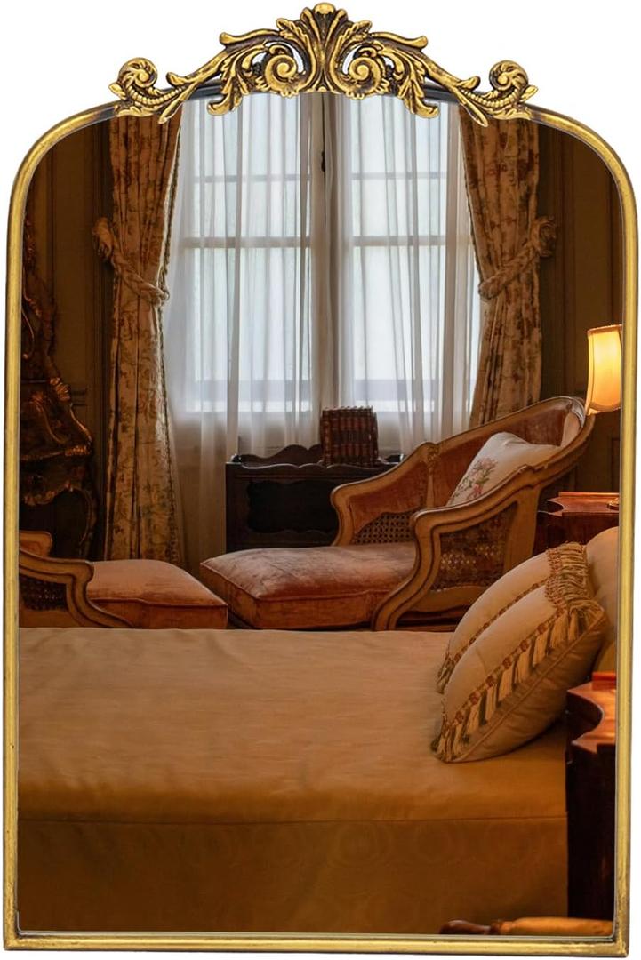 Awhtixbo Vintage Mirror Gold Baroque Mirror Antique 16x24 Inches | Vintage Arched Mirror with Ornate Gold Frame for Entryway, Narrow Hallway & Bathroom Wall Decor